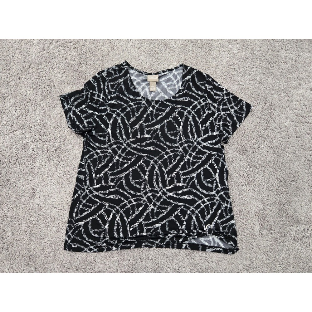 Chico's Blouse Womens Size 1 Black Pullover Short Sleeve Round Neck Abstract